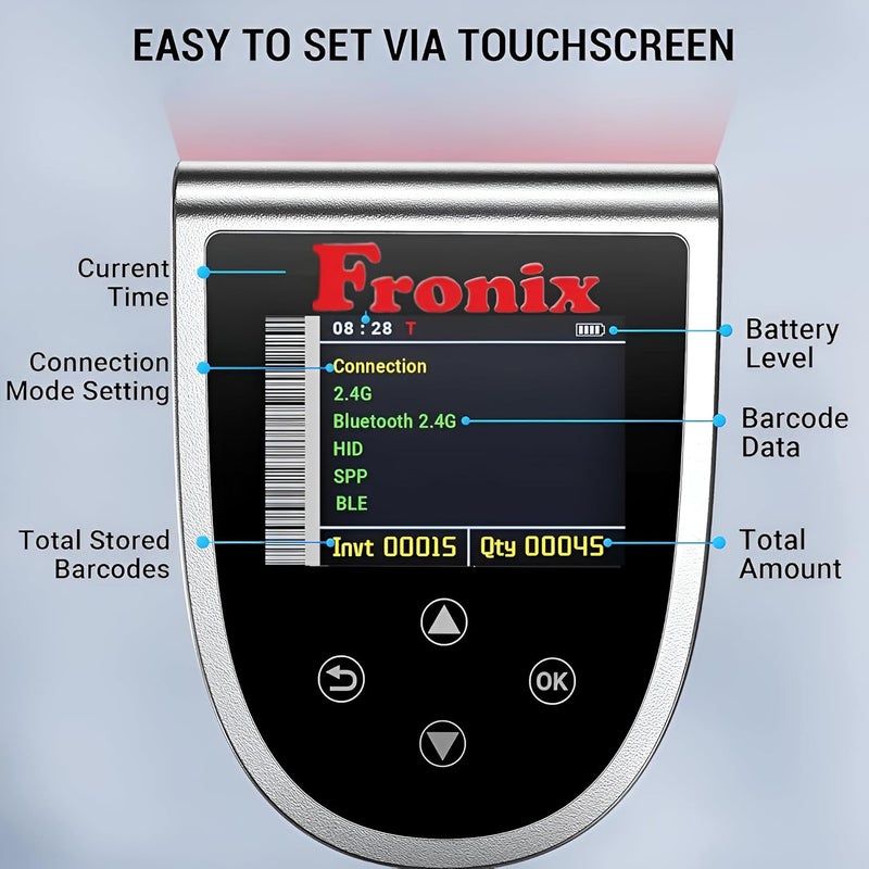 Fronix FB1300W Pro is a Versatile 2.4GHz Wireless Barcode Scanner, Supporting 1D and 2D barcodes and QR Codes. Offers Wired/2.4G /Bluetooth Modes with Integrated Lighting and Digital Display. - Image 3