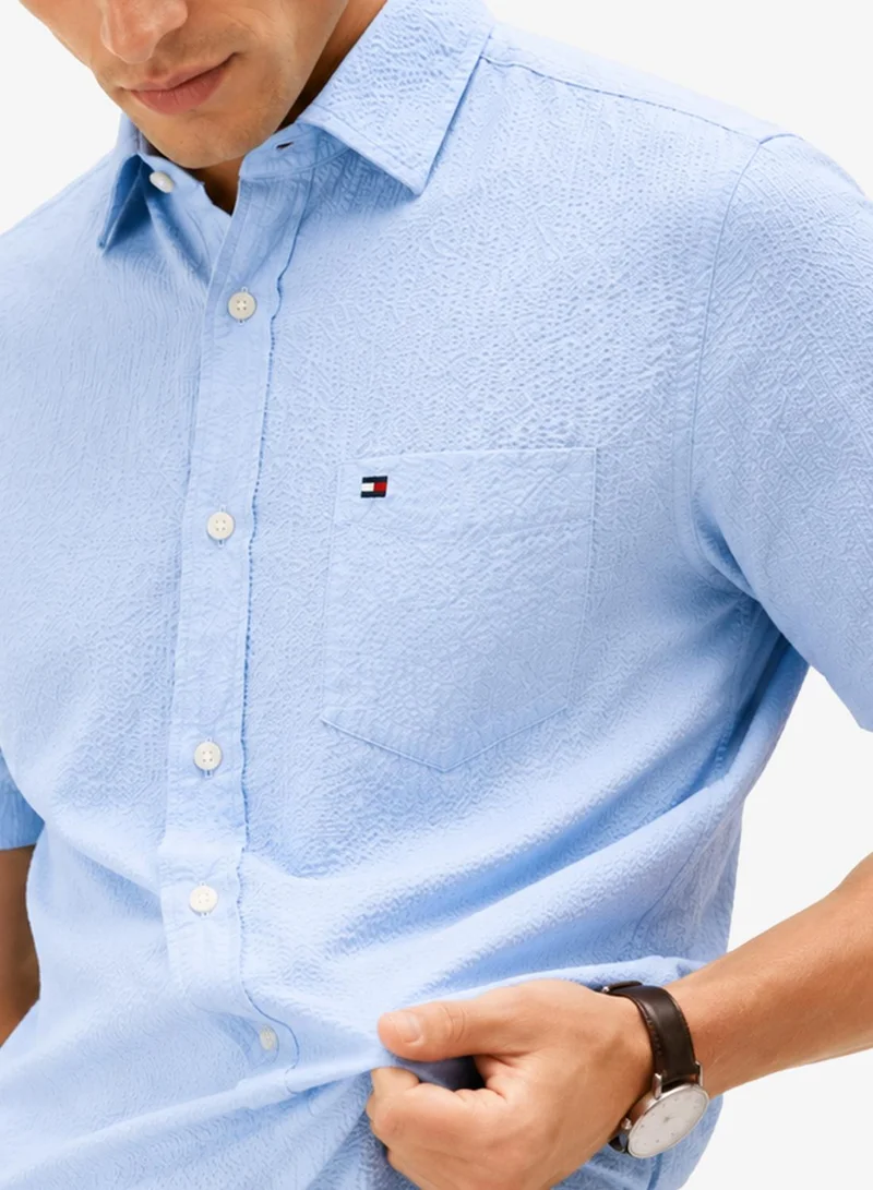 Tommy Hilfiger Sweet Blue Regular Fit Seersucker Short Sleeve Shirt for Men | Best Price UAE