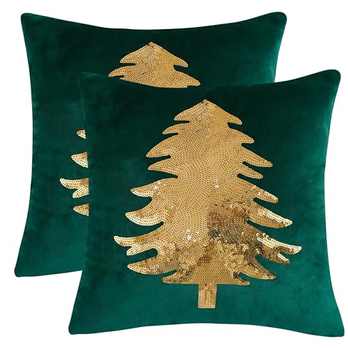 Tosleo Christmas Pillowcases 18 x 18 inch Set of 2 Dark Green Xmas Tree Sequins Throw Pillow Cover Christmas Pillow case Party Decorations Winter Holiday Cushion Cases - Image 1