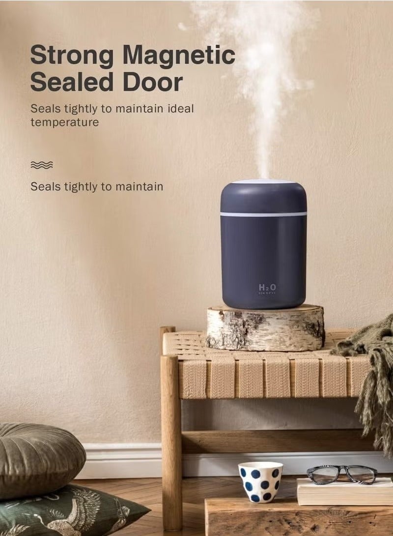 أتش20 مرطب هواء محمول صغير مرطب هواء صغير لغرفة النوم، مرطب هواء شخصي لسطح المكتب بسعة 300 مللي مع ضوء دوار ملون، وضعين للرذاذ وإغلاق تلقائي، رائع للمكتب والمنزل والسيارة (كحلي) - Image 4