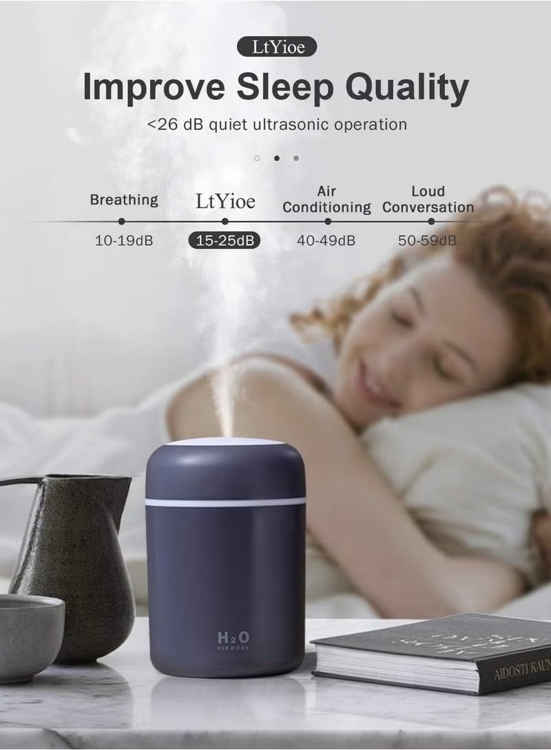 أتش20 مرطب هواء محمول صغير مرطب هواء صغير لغرفة النوم، مرطب هواء شخصي لسطح المكتب بسعة 300 مللي مع ضوء دوار ملون، وضعين للرذاذ وإغلاق تلقائي، رائع للمكتب والمنزل والسيارة (كحلي) - Image 5