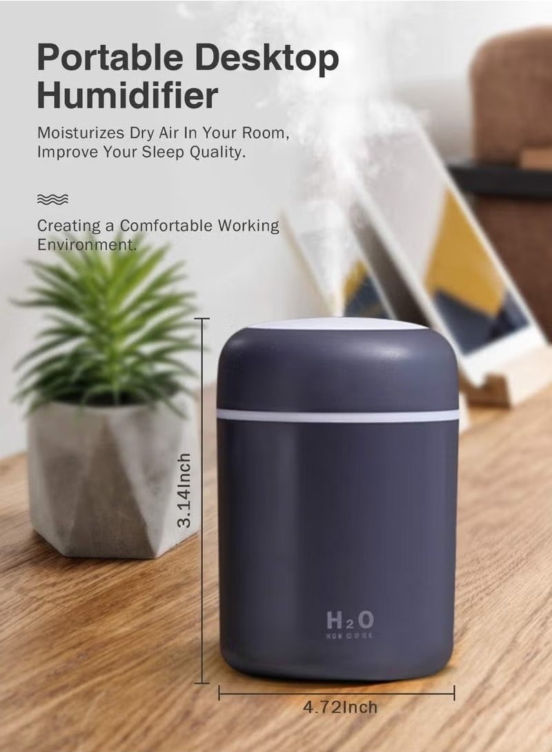 أتش20 مرطب هواء محمول صغير مرطب هواء صغير لغرفة النوم، مرطب هواء شخصي لسطح المكتب بسعة 300 مللي مع ضوء دوار ملون، وضعين للرذاذ وإغلاق تلقائي، رائع للمكتب والمنزل والسيارة (كحلي) - Image 2
