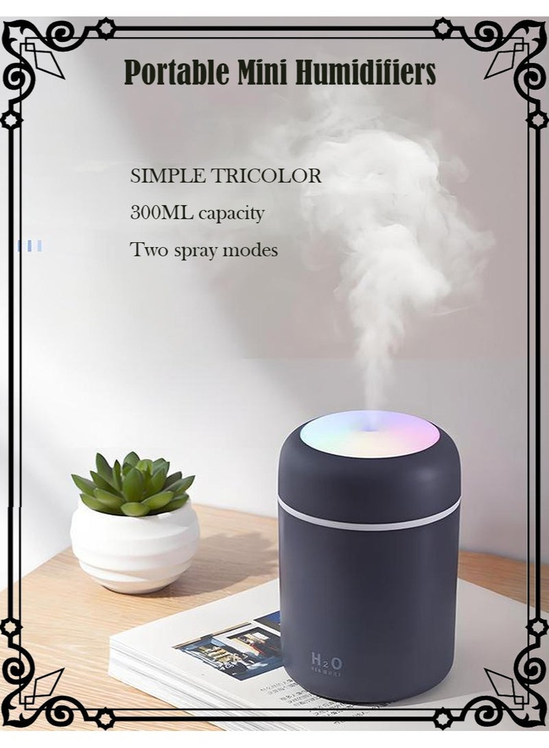 أتش20 مرطب هواء محمول صغير مرطب هواء صغير لغرفة النوم، مرطب هواء شخصي لسطح المكتب بسعة 300 مللي مع ضوء دوار ملون، وضعين للرذاذ وإغلاق تلقائي، رائع للمكتب والمنزل والسيارة (كحلي) - Image 1