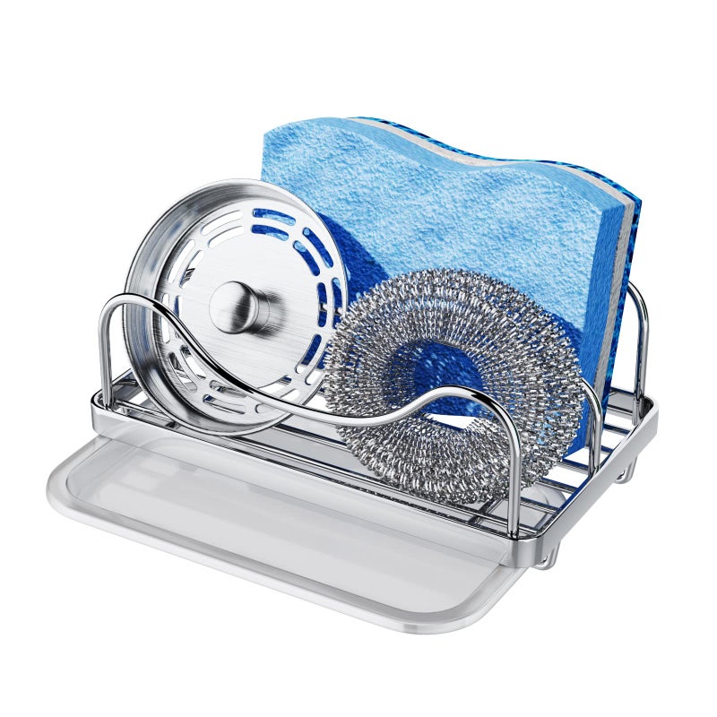 Consumest Sponge Holder for Kitchen Sink - Movable Sink Caddy for Countertop Organizer, 304 Stainless Steel Sponge Holder with Detachable Drip Tray for Kitchen Accessories-Silver - Image 1