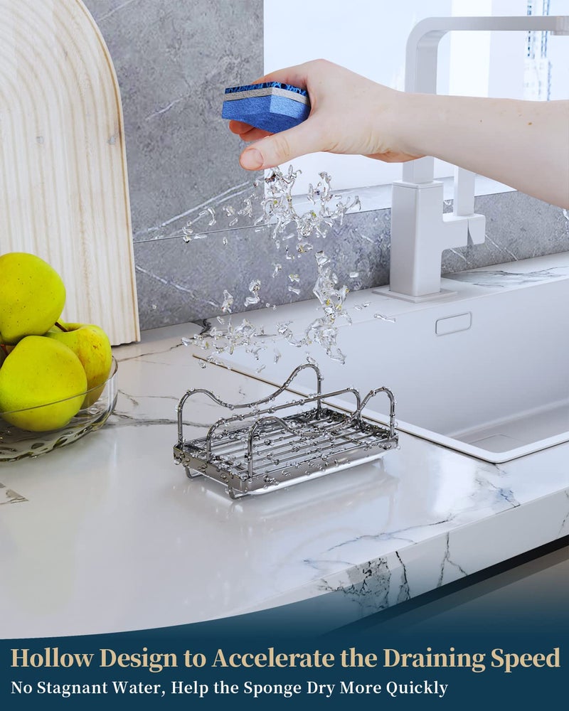 Consumest Sponge Holder for Kitchen Sink - Movable Sink Caddy for Countertop Organizer, 304 Stainless Steel Sponge Holder with Detachable Drip Tray for Kitchen Accessories-Silver - Image 4