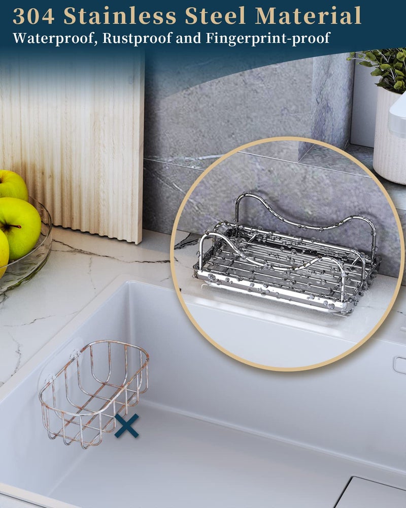 Consumest Sponge Holder for Kitchen Sink - Movable Sink Caddy for Countertop Organizer, 304 Stainless Steel Sponge Holder with Detachable Drip Tray for Kitchen Accessories-Silver - Image 5