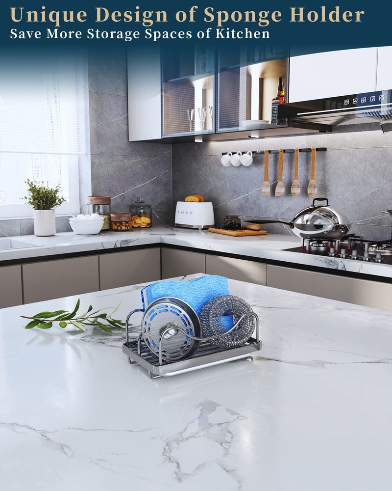 Consumest Sponge Holder for Kitchen Sink - Movable Sink Caddy for Countertop Organizer, 304 Stainless Steel Sponge Holder with Detachable Drip Tray for Kitchen Accessories-Silver - Image 2