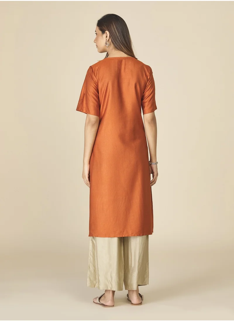 Fabindia Rust Viscose Silk Round Neck Long Kurti