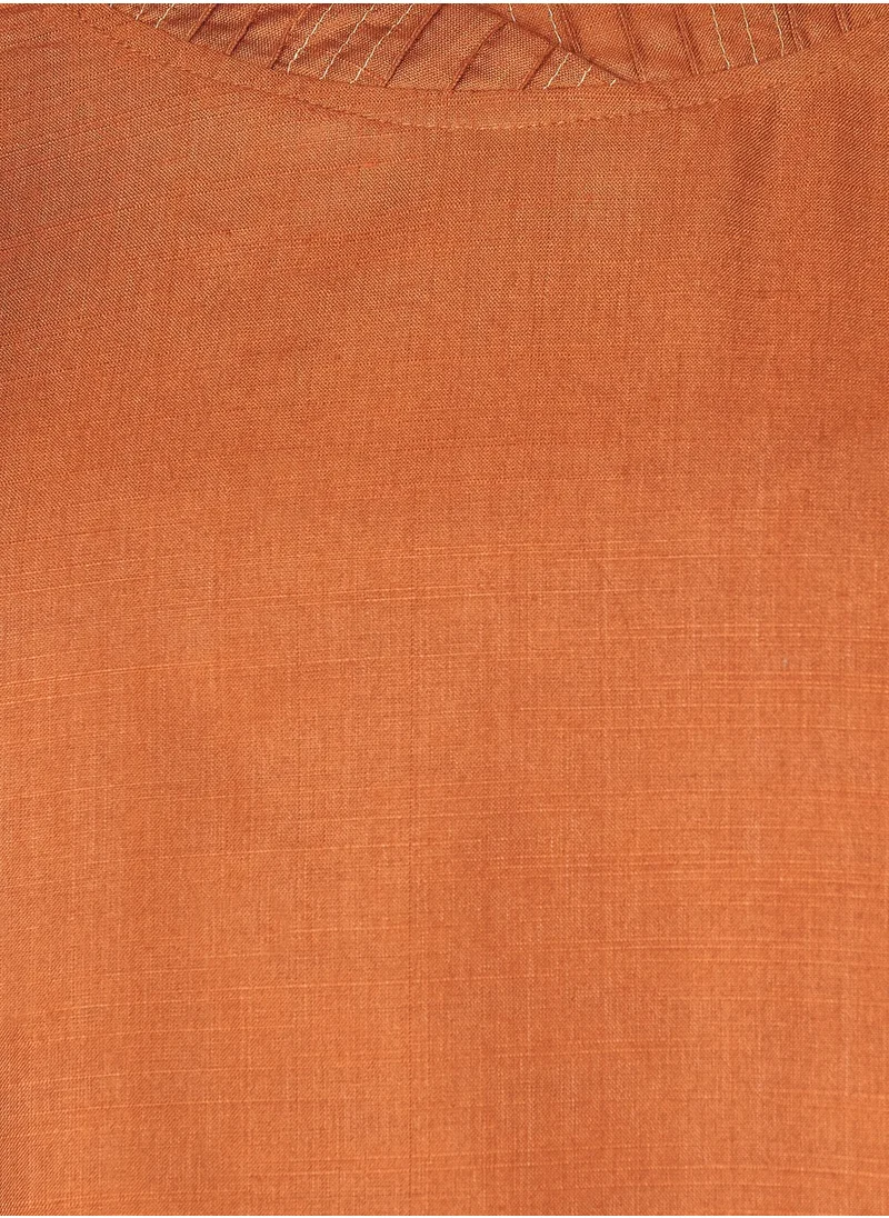 Fabindia Rust Viscose Silk Round Neck Long Kurti