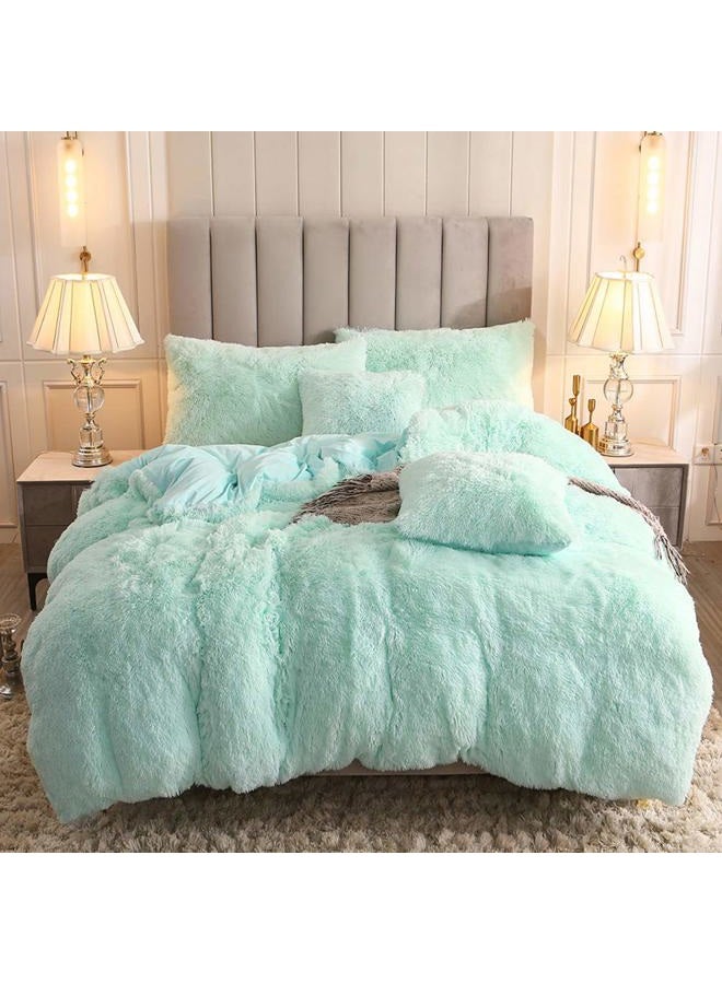 Uhamho Faux Fur Velvet Fluffy Bedding Duvet Cover Set Down Comforter Quilt Cover with Pillow Shams, Ultra Soft Warm and Durable (King, Aqua) - Image 1