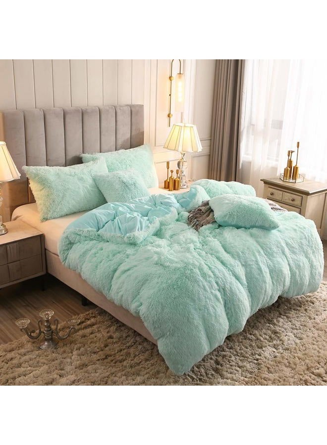 Uhamho Faux Fur Velvet Fluffy Bedding Duvet Cover Set Down Comforter Quilt Cover with Pillow Shams, Ultra Soft Warm and Durable (King, Aqua) - Image 2