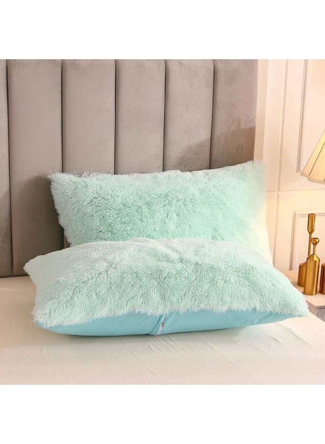Uhamho Faux Fur Velvet Fluffy Bedding Duvet Cover Set Down Comforter Quilt Cover with Pillow Shams, Ultra Soft Warm and Durable (King, Aqua) - Image 4