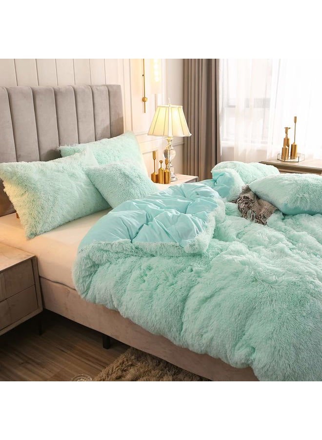 Uhamho Faux Fur Velvet Fluffy Bedding Duvet Cover Set Down Comforter Quilt Cover with Pillow Shams, Ultra Soft Warm and Durable (King, Aqua) - Image 3