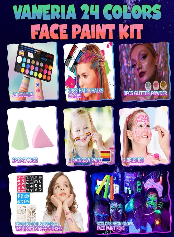 Vaneria 24 Colours Body & Face Paint Set - Quick-Drying,Water-Based Formula with Fluorescent Pens,Hair Coloring Combs,Glitter,Stencils & Brushes for Halloween, Party, Cosplay - Image 3