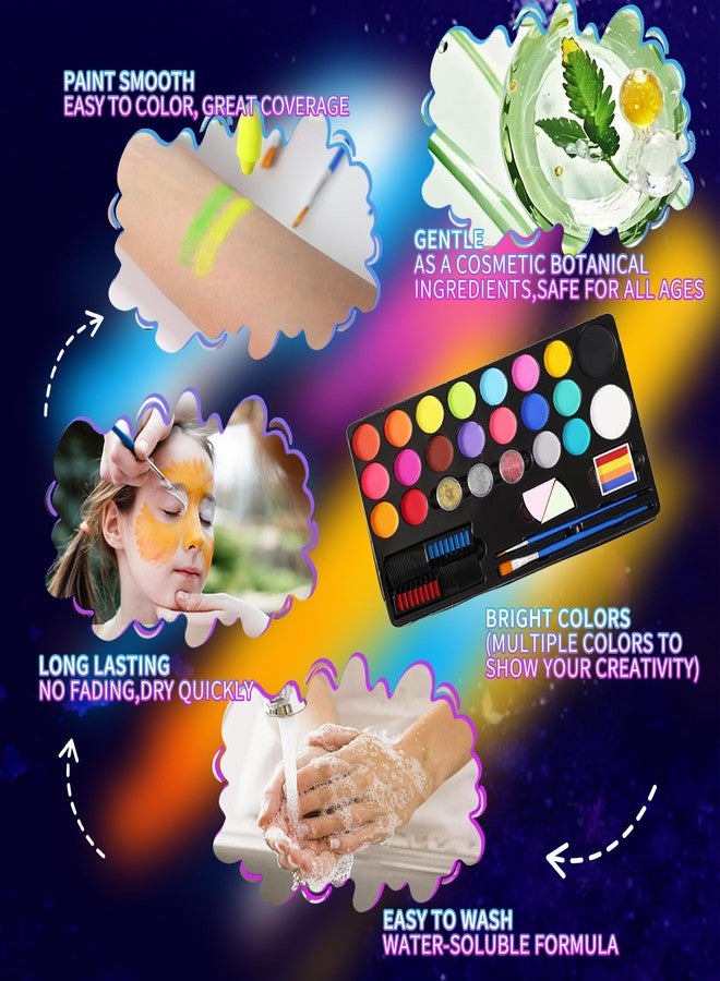 Vaneria 24 Colours Body & Face Paint Set - Quick-Drying,Water-Based Formula with Fluorescent Pens,Hair Coloring Combs,Glitter,Stencils & Brushes for Halloween, Party, Cosplay - Image 4