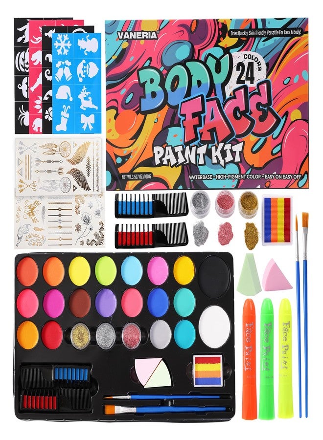 Vaneria 24 Colours Body & Face Paint Set - Quick-Drying,Water-Based Formula with Fluorescent Pens,Hair Coloring Combs,Glitter,Stencils & Brushes for Halloween, Party, Cosplay - Image 1