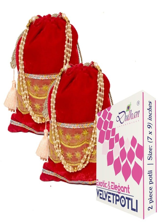 Dulhan Velvet Potli Bag with Pearl Handle | Sequin Tissue Lace Zari Tassels and Resham Dori | Red Soft Padded Wedding Shagun Pouch for Return Gifts, Wedding, Winter and Festive Use (pack of 2) - Image 1