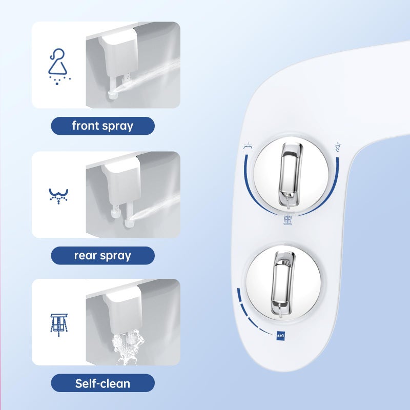 Homfan Toilet Bidet Attachment, Non-Electric Dual Nozzle (Feminine/Bidet Wash), Self-Cleaning Fresh Cold Water Sprayer Bidets for Toilets with Adjustable Water Pressure (Dual Knob, Chrome) - Image 2