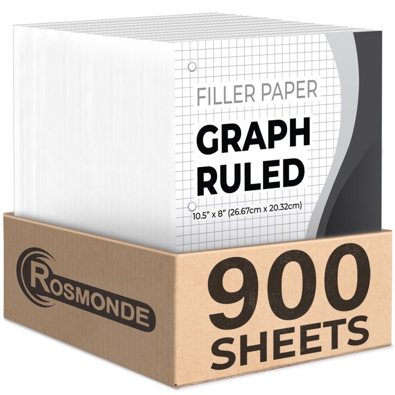 Rosmonde 6 Pack Graph Paper, 900 Sheets, 4x4 Loose Leaf Paper, 8" x 10.5", 3 Hole Punched for Binders, Grid Paper, 54 GSM Thick Graphing Paper, Quad Ruled, Notebook Paper for School & College - Image 1