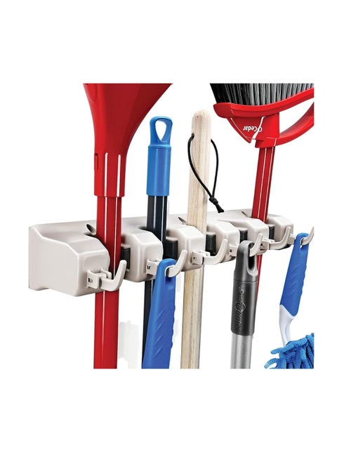 5-Place Broom and Dustpan Rack with 6 Storage Hooks Holds Up to 11 Tools Convenient and Storage for Cleaning Tools and Brooms Ideal for Garage and Storage Areas by Home It, Plastic,...
