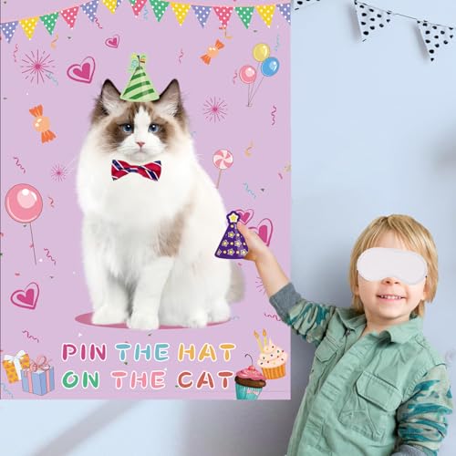 T-Antrix TAntrix Pin The Hat on The Cat Party Games Cat Themed Birthday Games for Girls with 21 x 28 Poster Resuable Hats Stickers Carnival Party Supplies Kids Birthday Party Favor Sets - Image 5