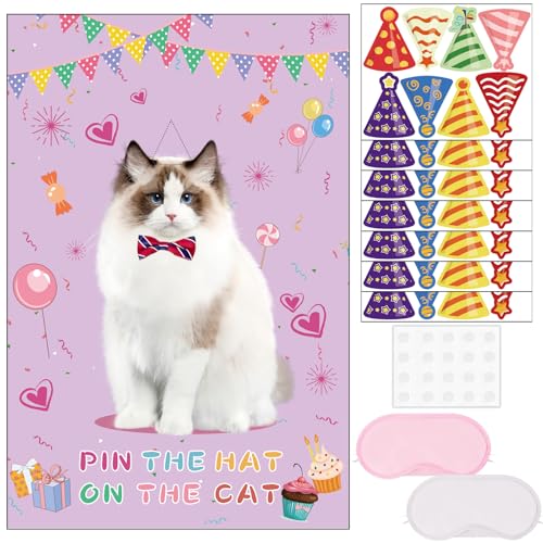 T-Antrix TAntrix Pin The Hat on The Cat Party Games Cat Themed Birthday Games for Girls with 21 x 28 Poster Resuable Hats Stickers Carnival Party Supplies Kids Birthday Party Favor Sets - Image 1
