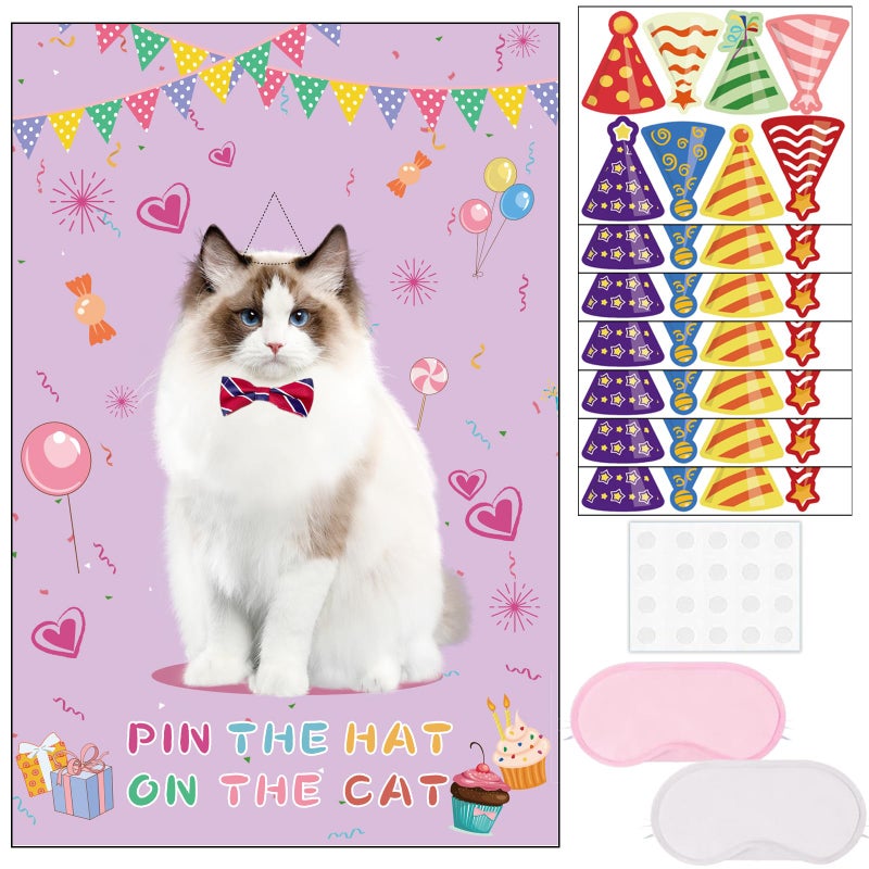 T-Antrix TAntrix Pin The Hat on The Cat Party Games Cat Themed Birthday Games for Girls with 21 x 28 Poster Resuable Hats Stickers Carnival Party Supplies Kids Birthday Party Favor Sets - Image 3