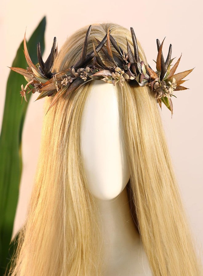 MOSTORY Gothic Antler Flower Crown - Dark Horns Headband Elf Floral Headpiece with Deer Horns Forest Cieclet for Women Witch Renaissance Ren Faire Halloween Cosplay Outfit - Image 4