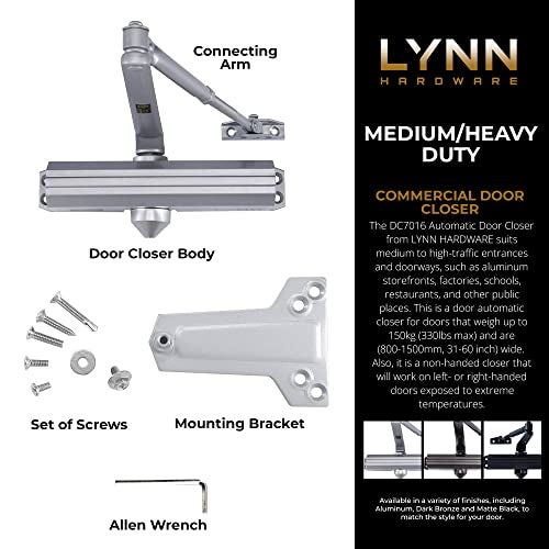 LYNN HARDWARE Medium/Heavy Duty Commercial Door Closer - DC7016 Surface Mounted, Grade 1- ADA & UL 3 Hour Fire Rated, Adjustable Size 1-6 for entrances & Aluminum storefronts- US26D Aluminum - Image 3
