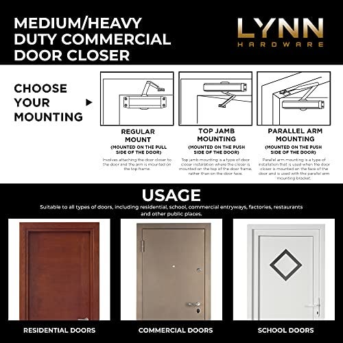 LYNN HARDWARE Medium/Heavy Duty Commercial Door Closer - DC7016 Surface Mounted, Grade 1- ADA & UL 3 Hour Fire Rated, Adjustable Size 1-6 for entrances & Aluminum storefronts- US26D Aluminum - Image 2