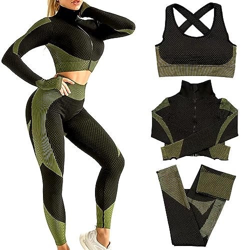 SINBRLAI Women's 3pcs Seamless Workout Outfits Sets, Yoga Sportswear Tracksuit Leggings and Stretch Sports Bra Fitness - Image 1