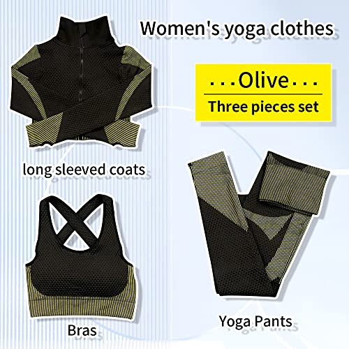 SINBRLAI Women's 3pcs Seamless Workout Outfits Sets, Yoga Sportswear Tracksuit Leggings and Stretch Sports Bra Fitness - Image 3