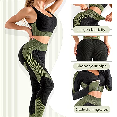 SINBRLAI Women's 3pcs Seamless Workout Outfits Sets, Yoga Sportswear Tracksuit Leggings and Stretch Sports Bra Fitness - Image 4