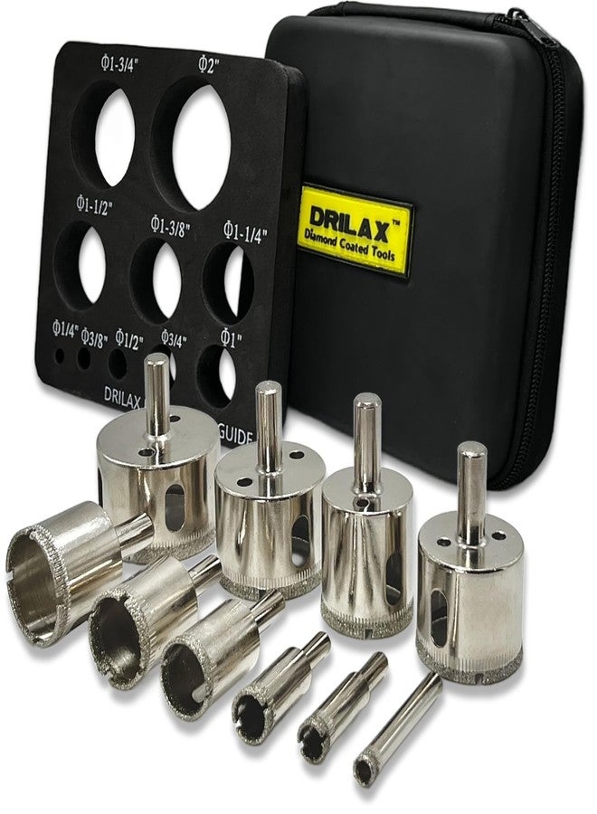 Drilax 10-Piece Diamond Hole Saw Drill Bit Set with Guide - 1/4" to 2" Sizes for Glass, Tile, Ceramic, Porcelain, Stone, Quartz, Granite Countertop Drilling Kit with Storage Case - Image 1