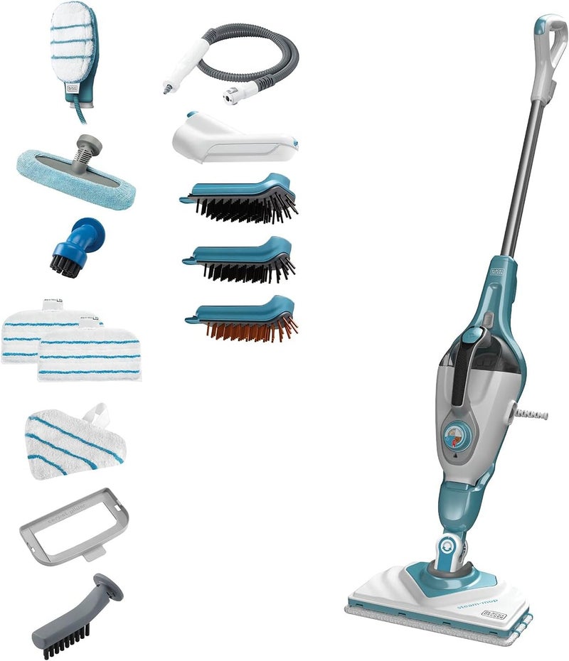 بلاك اند ديكر BLACK+DECKER ممسحة بخار 2 في 1 مع رأس دلتا، قفاز بخار مع بخار شديد السخونة واختيار تلقائي و15 ملحقًا، 1600 واط، 120 درجة مئوية، 500 مل، أبيض/أكوا - Bhsm1610Dsm-Gb، ضمان لمدة عامين - Image 1