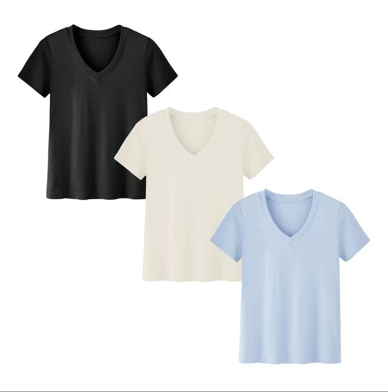 2025 Short-Sleeved Loose Slit Top Three-Piece T-Shirt Combination Pure Color Women's Clothing - Image 1