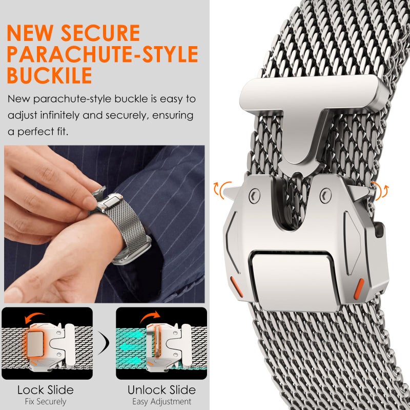 WINGLE Milanese Loop for Apple Watch Band Ultra 3/2/1 Band Ultra 49mm Series 11 10 46mm 45mm 44mm SE 3/2/1 9 8 7 6 5 4 Men Women,Parachute-Style Buckle Stainless Steel Mesh Metal iWatch Bands Titanium - Image 3