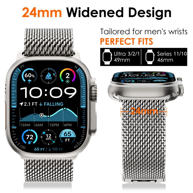 WINGLE Milanese Loop for Apple Watch Band Ultra 3/2/1 Band Ultra 49mm Series 11 10 46mm 45mm 44mm SE 3/2/1 9 8 7 6 5 4 Men Women,Parachute-Style Buckle Stainless Steel Mesh Metal iWatch Bands Titanium - Image 5
