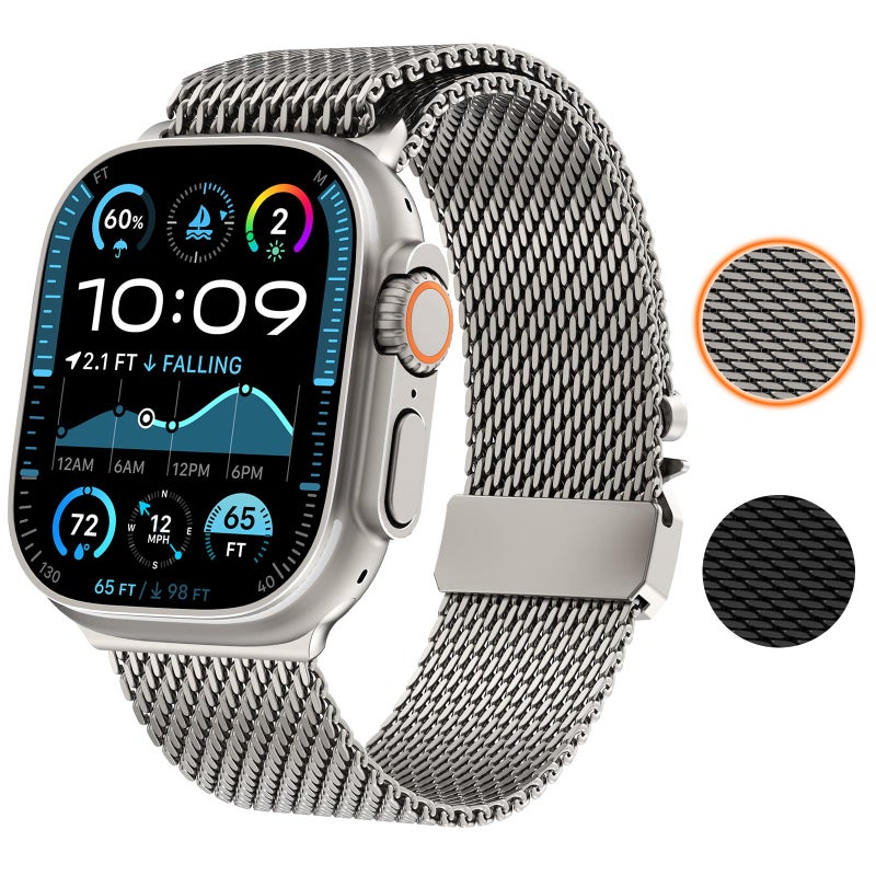 WINGLE Milanese Loop for Apple Watch Band Ultra 3/2/1 Band Ultra 49mm Series 11 10 46mm 45mm 44mm SE 3/2/1 9 8 7 6 5 4 Men Women,Parachute-Style Buckle Stainless Steel Mesh Metal iWatch Bands Titanium - Image 2