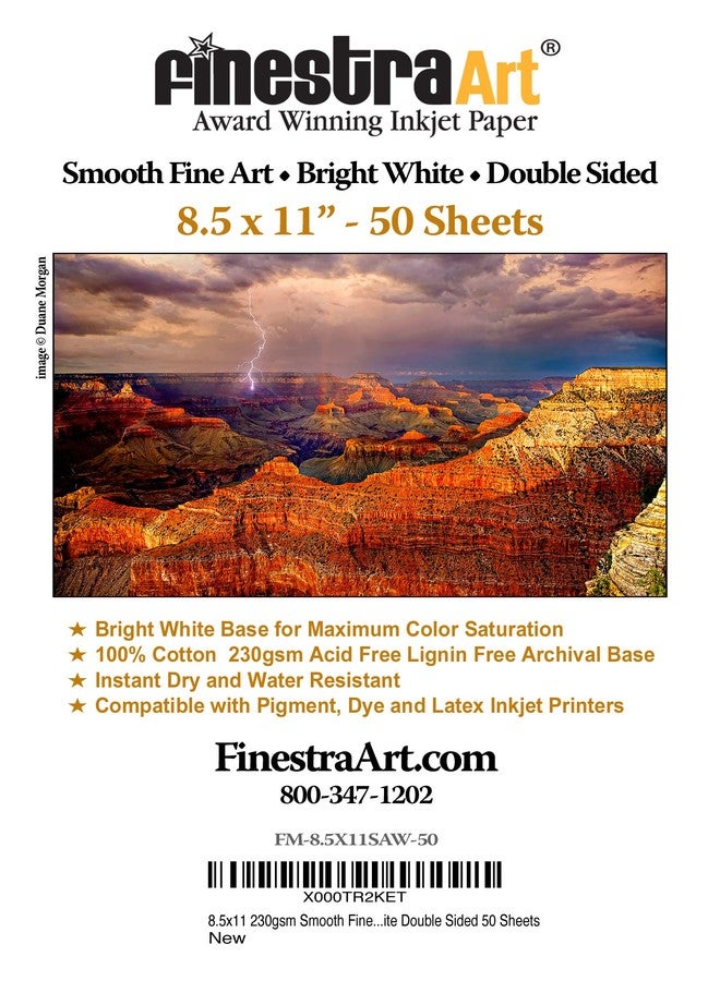 8.5" X 11" Smooth Fine Art Archive Bright White Double Sided Inkjet Paper - 50 Sheets