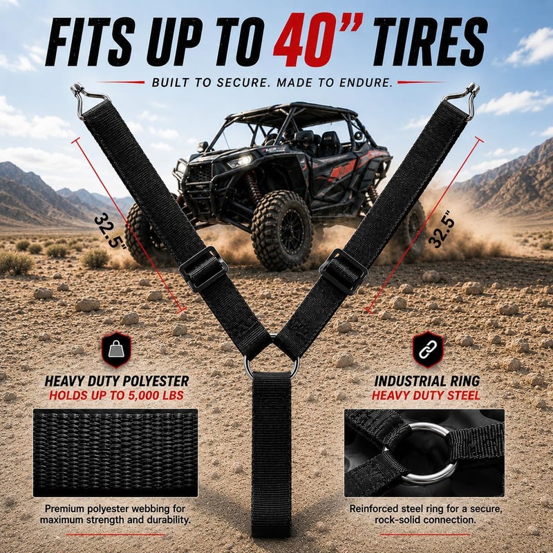 Straight Jacket Crew Y Strap for Spare Tire - Heavy Duty Spare Tire Strap for UTV, Offroad Accessories & Roof Rack, 3 Way Ratchet Strap Tie Down- 1.6" Wide, Can Secure Up to 40" Tire (Black) - Image 2