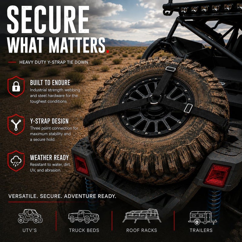 Straight Jacket Crew Y Strap for Spare Tire - Heavy Duty Spare Tire Strap for UTV, Offroad Accessories & Roof Rack, 3 Way Ratchet Strap Tie Down- 1.6" Wide, Can Secure Up to 40" Tire (Black) - Image 3