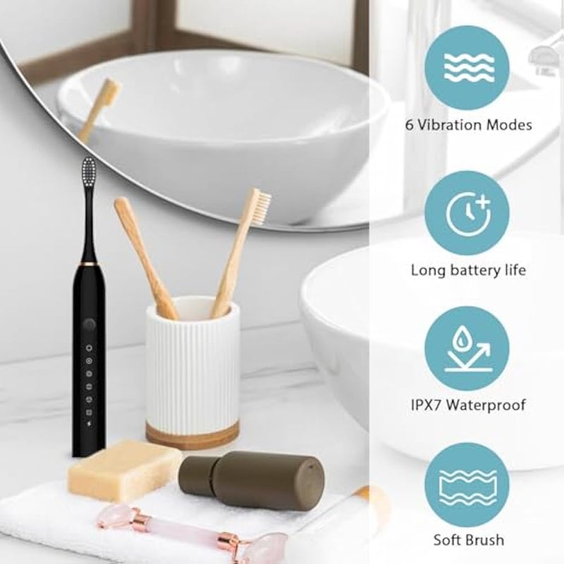 Porgeel Electric Toothbrushes Adults Rechargeable Toothbrush with 4 Brush Heads and 6 Cleaning Modes Low Noise Waterproof Whiten Black - Image 4