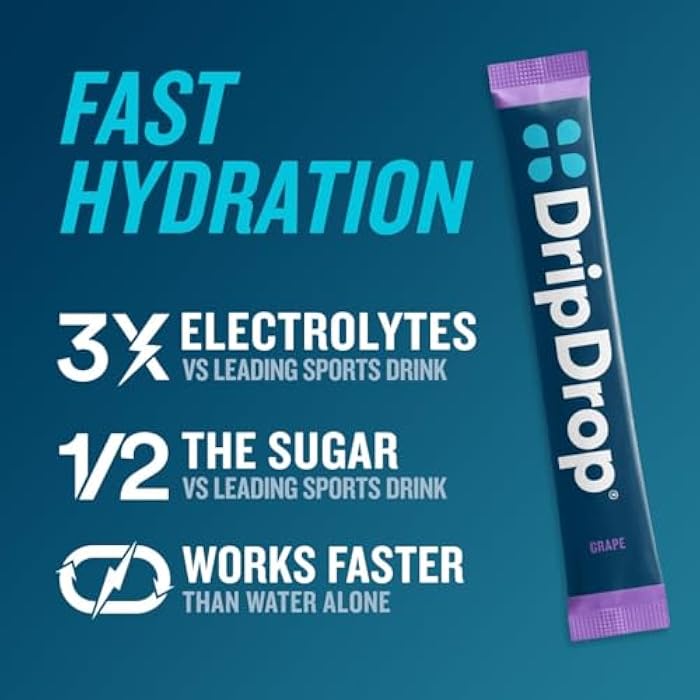 DripDrop Hydration Packets - Juicy Variety Pack - Single Serve Electrolytes Powder Drink Mix - Grape, Fruit Punch, Strawberry Lemonade, Cherry - Non-GMO, Gluten Free, Vegan - 16 Sticks - Image 2