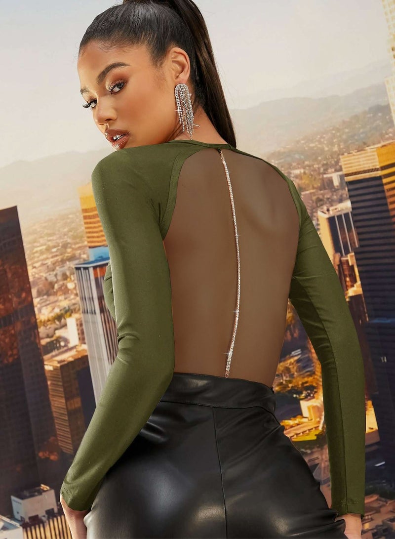 Rhinestone Open-Back Long Sleeve Bodysuit - Image 1