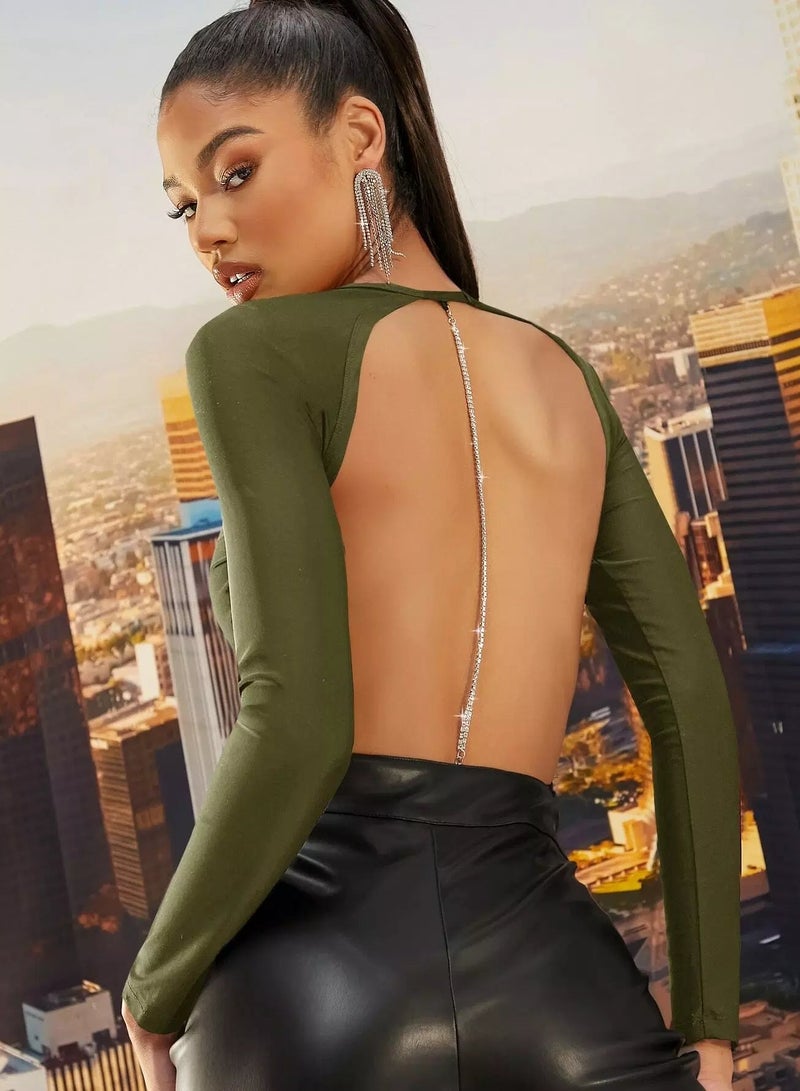 Rhinestone Open-Back Long Sleeve Bodysuit - Image 2