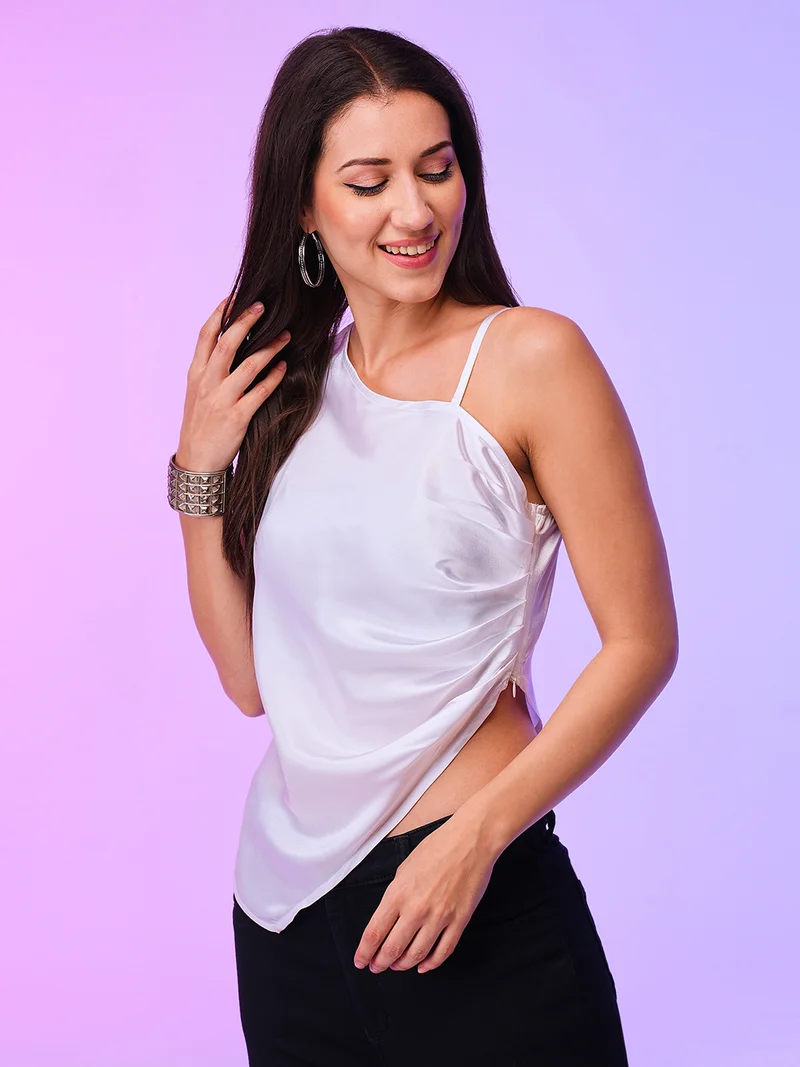 Women White One Shoulder Pleated Top