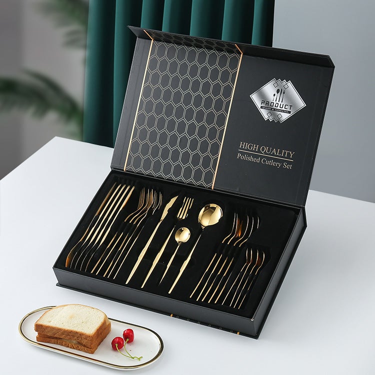 24-Piece Stainless Steel Western Dinnerware Set with Gold-Finish Storage Rack - Perfect Gift for Adults