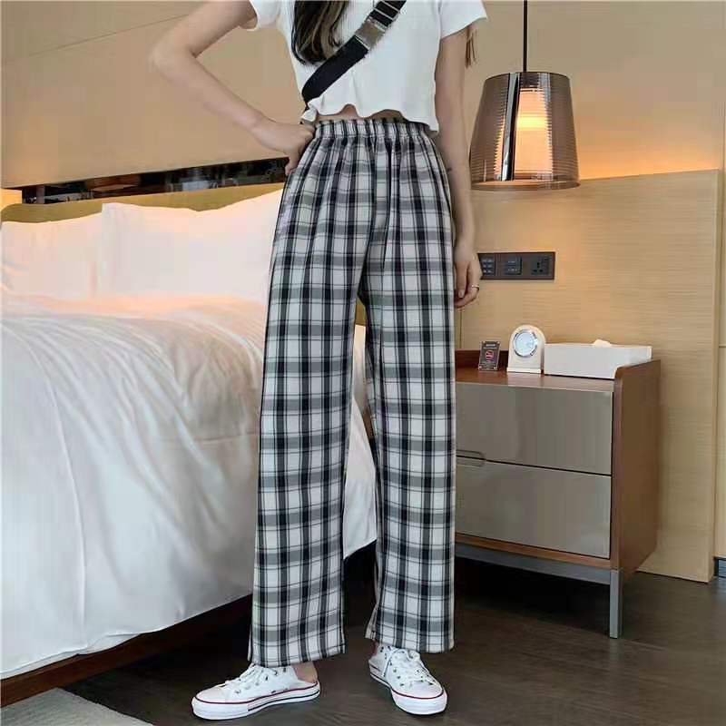 Spring Summer Autumn Plaid Casual Pants High Waist Pants Hong Kong Style Pants Wide Leg Pants Womens Loose Straight Cross-border Brown Plaid-Thin - Image 5