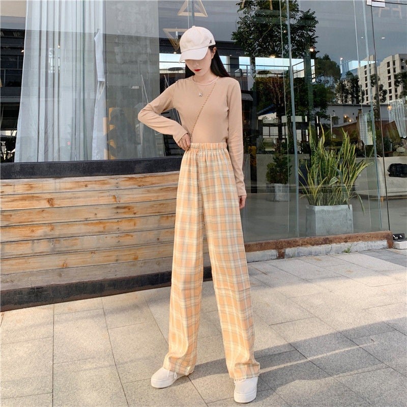 Spring Summer Autumn Plaid Casual Pants High Waist Pants Hong Kong Style Pants Wide Leg Pants Womens Loose Straight Cross-border Brown Plaid-Thin - Image 4